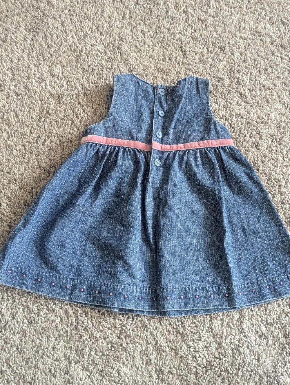 Vintage Genuine Baby From Oshkosh Girl 6M Denim Dress Pink Flocked Ribbon